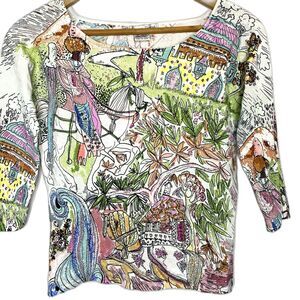 Vtg CAREN BROOK Top Beaded Artsy Watercolor Foliage Horse Cottage Blouse Women L